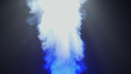 Close-up stream of white smoke on a black background with blue neon light. Contrast of brightly lit smoke and dark room. Cinematographic light.
