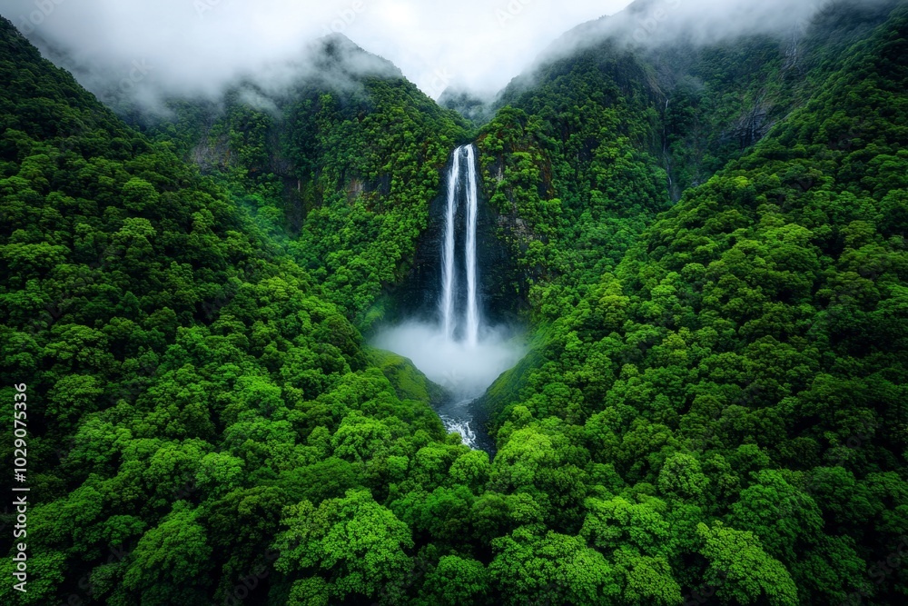 Aufkleber a towering waterfall hidden deep within a magical forest, with mist rising from the cascading water 