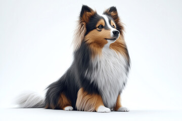 Cute Shetland Sheepdog: A Shetland Sheepdog sitting with its thick coat and alert expression against a white background