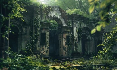 Enigmatic ruins concealed by foliage, 4K hyperrealistic photo