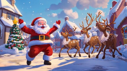 Fototapeta premium Santa Claus dancing with reindeer in a snowy cartoon village, bright colors and playful atmosphere, 2D illustration, Christmas fun