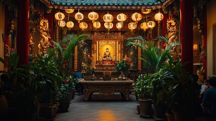 A serene courtyard within a Chinese temple, adorned with traditional lanterns and featuring a golden Buddha statue.