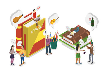 3D Isometric Flat  Illustration of Spanish Language Course, Contemporary Education Program