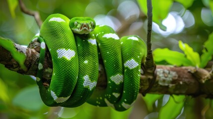 Fototapeta premium Green Tree Python Coiled Around a Branch in a Lush Forest