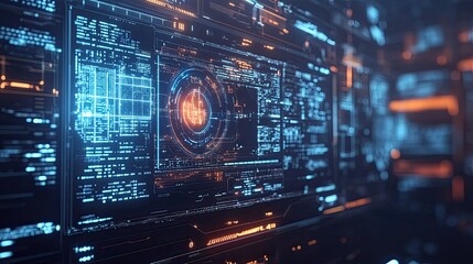 Fototapeta premium Futuristic digital interface with glowing blue and orange lights.