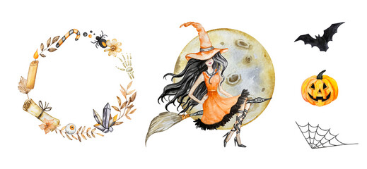 Watercolor Halloween set with cute, magical, mystical and scary illustrations