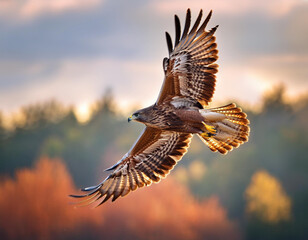 Obraz premium Flying bird. Bird of prey. Blue sky background. 