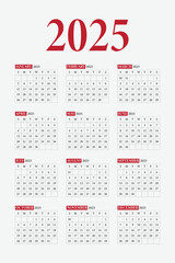 Calendar 2025, Calendar Set for 2025 year,  Minimalist clean square layout, Calendar 2025 week start Sunday, Desk calendar 2025.