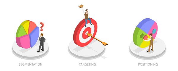 3D Isometric Flat  Illustration of STP Marketing, Three-step Framework