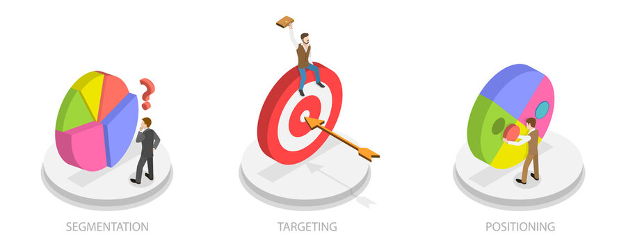 3D Isometric Flat  Illustration of STP Marketing, Three-step Framework