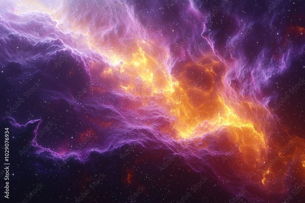 Wall mural vibrant cosmic nebula with fiery clouds of gas and glowing stars in deep space, showcasing the beaut