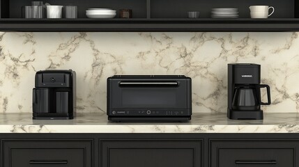 Obraz premium Rendering of a compact kitchen setup with a toaster, blender, and coffee maker arranged neatly on the counter, ideal for a functional yet stylish space.