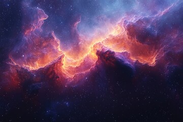 Fototapeta premium Vibrant cosmic nebula with fiery clouds of gas and glowing stars in deep space, showcasing the beauty of the universe and celestial phenomena Generative AI