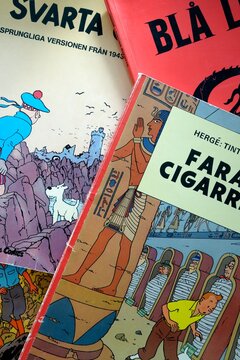 Stockholm, Sweden October 14th, 2024. A stack of comic Tintin books