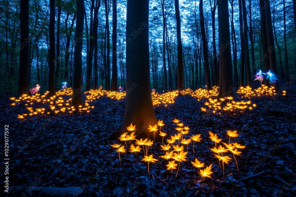 Poster an ancient european forest where the trees glow softly at night, their leaves shimmering with a magi