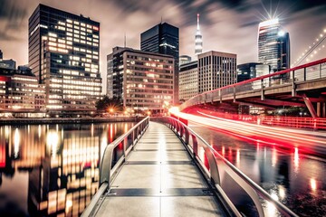 Obraz premium Night Bridge and Modern Cityscape - Double Exposure Photography of Urban Architecture and City Lights