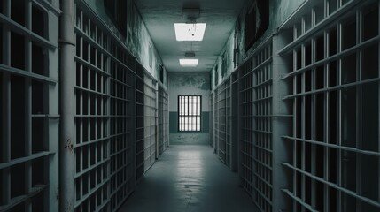 Prison interior with jail cells and a dark, oppressive background