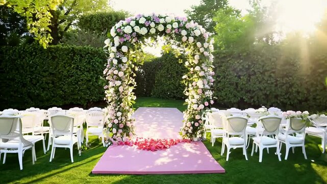 An intimate outdoor garden wedding ceremony venue with a flower arch and white chairs, with rose petals on the ground. Generative AI