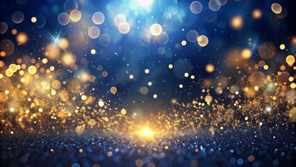Christmas-themed golden light particles create a mesmerizing bokeh effect against a deep navy blue backdrop.