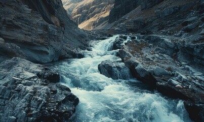 Naklejka premium Mountain river cascading down rocky rapids, 4K hyperrealistic photo