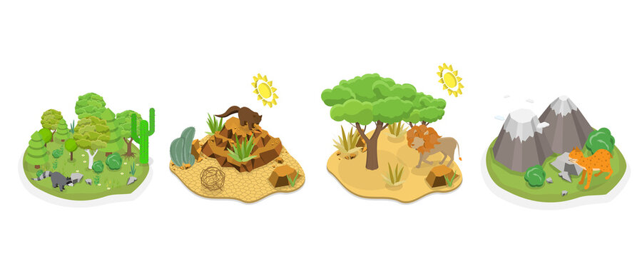 3D Isometric Flat  Illustration of Wildlife Fauna, Wild Animals Habitat Types