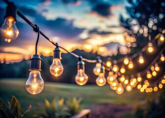 Night Landscape with Illuminated Light Bulbs and Vivid Stars for Macro Photography