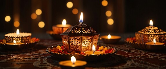 Enchanted Diwali: Glimmering lanterns and candles create a warm, inviting ambiance, perfect for Diwali celebrations or any festive occasion.