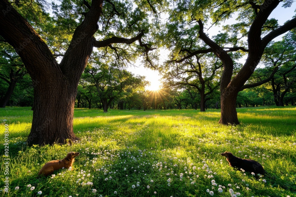 Poster an enchanted forest clearing bathed in golden light, with wildflowers and ancient oak trees casting 