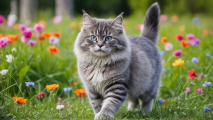Obraz premium Blue siberian cat in flower field