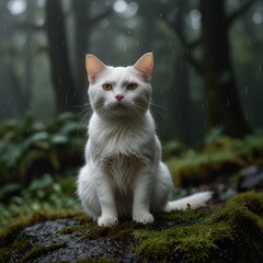 A white cat sits on moss-covered rock in a misty forest with raindrops falling around it.