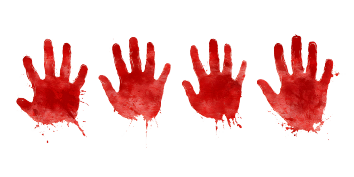 Four Red Handprints on transparent Background Isolated for Horror or Halloween Themes