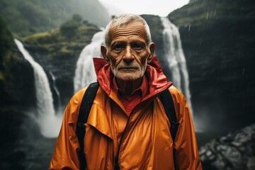 Portrait of a content indian elderly man in his 90s sporting a waterproof rain jacket in front of backdrop of a spectacular waterfall