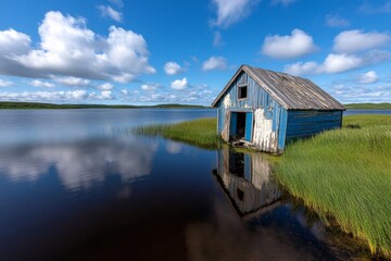 Obraz premium An old wooden shack by the lake, its roof sagging and walls covered with peeling paint, yet standing resiliently against the elements, surrounded by tall grass and still waters