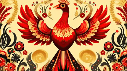 Fototapeta premium Symmetrical folk art pattern in bold colors, featuring birds and flowers in a traditional decorative style.