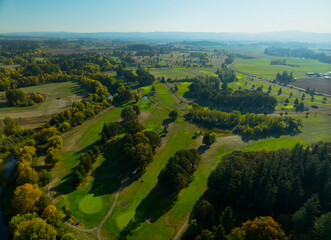 A golf course with a green grassy field and trees in the background
