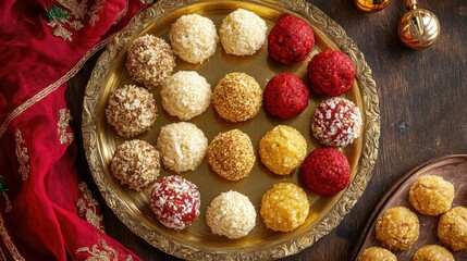 Top view of assorted Ladoo varieties like Besan Ladoo and Motichoor Ladoo placed elegantly on a brass plate with a festive backdrop