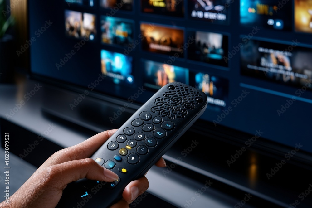 Poster Close-up of a person's hand holding a remote control, navigating through a streaming service interface on a large TV, with multiple media options displayed on the screen
