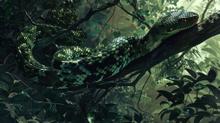 Obraz premium Green Snake Coiled on a Branch in a Lush Jungle