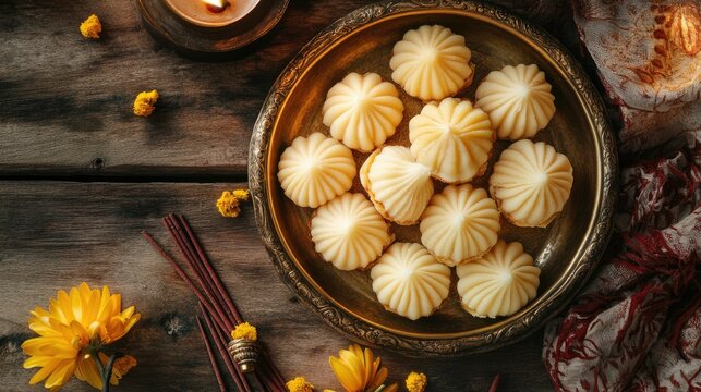 Top view of modak and laddu sweets in a rustic brass bowl, with aromatic incense in the background to evoke the festive mood