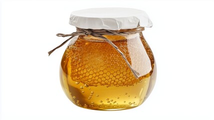 Clear Glass Jar Filled with Golden Honey and Visible Honeycomb Structures, Rounded Shape with Slightly Narrower Neck, Sealed with White Paper Cover and Black String, Isolated on White Background