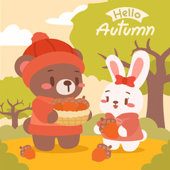 Cute Bear and Bunny Collecting Acorns in Autumn. Adorable Autumn Forest Scene with Bear and Bunny.