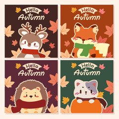 Hello Autumn With Cute Animal Friends with Fall Leaves. Autumn Vibes with Deer, Fox, Hedgehog and Cat.