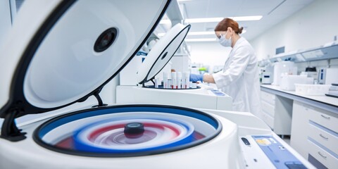 A close-up view of a centrifuge in motion inside a medical laboratory, with a technician preparing samples for testing. The lab features advanced equipment and neatly organized workstations.