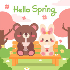 Hello Spring Illustration. Adorable Spring Scene. Bunny and Bear with Bubble Tea on a Park Bench.