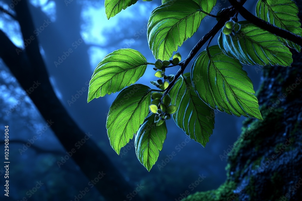 Poster detailed shot of a mist-covered european forest at dawn, with soft light filtering through the trees