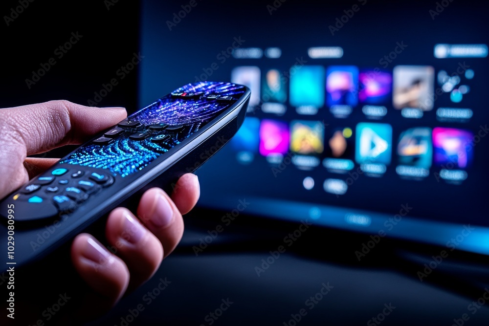 Poster detailed shot of a personâ€™s hand holding a remote control, navigating a smart tv interface, with l