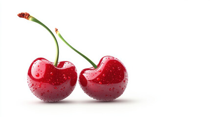 Fresh and juicy cherries with droplets of water glistening on their surface, showcasing their vibrant red color and natural shine. Perfect for healthy snack or dessert