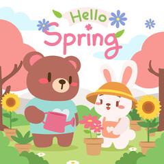 Spring Garden Fun With Bear and Bunny Planting Flowers. Adorable Bear and Bunny Gardening in Springtime.