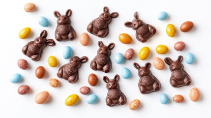 Obraz premium Chocolate Easter bunnies and colorful mini eggs, arranged in a festive display on white background