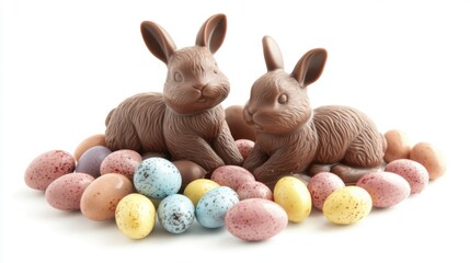 Chocolate Easter bunnies and colorful mini eggs, arranged in a festive display on white background